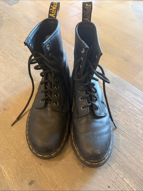 Dr. Martens Shoes - Dr. Martens Black Leather Lace-Up Boots with Yellow Stitching